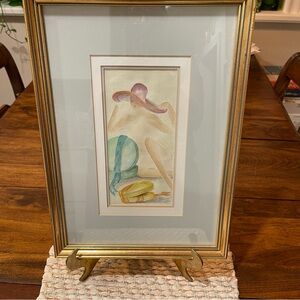 Lovely Vintage Framed Original Watercolor Painting Lady Trying on Hats. Signed